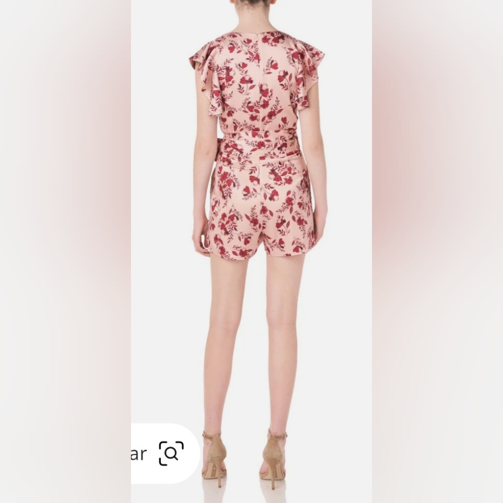 ML Monique Lhuillier Flutter Sleeve Pink And Rose Faux Wrap Floral Romper Sz 6 - Picture 2 of 8